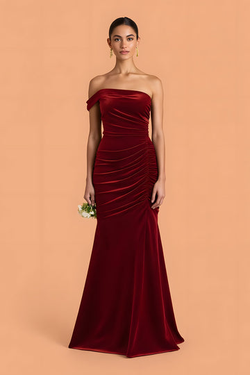 One Shoulder Burgundy Velvet Mermaid Maxi Bridesmaid Dress
